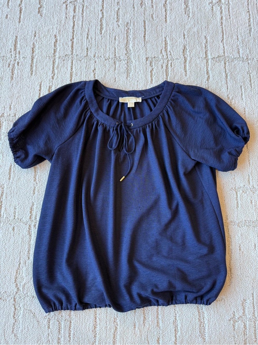 Michael Kors Navy Short-Sleeve Scoop Neck Blouse with Front Tie Small